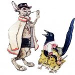 Заяц, сорока и цыплята, рисунок картинка иллюстрация